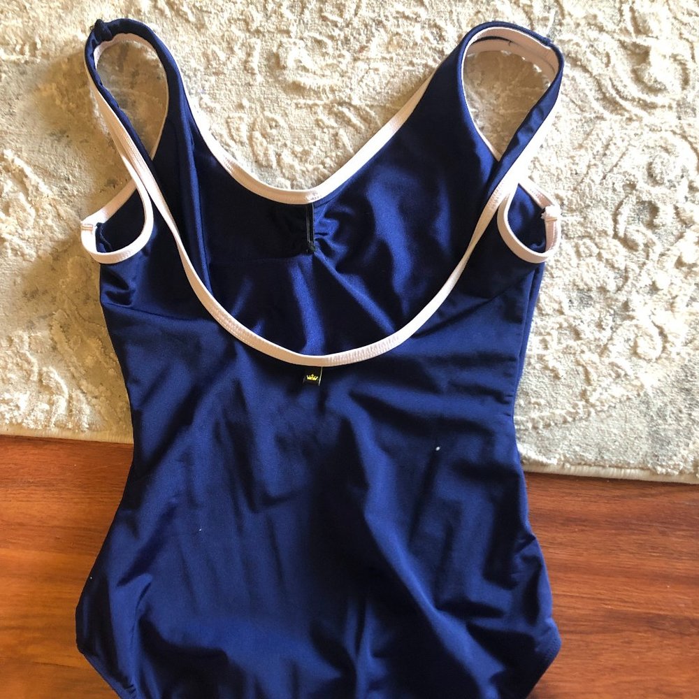 Mariia Dancewear tank pinch front leotard, Navy/White, size medium